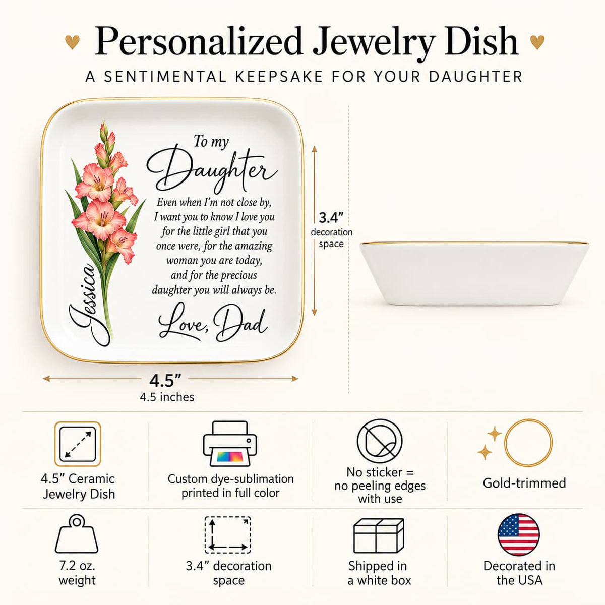Personalized Daughter Jewelry Dish with Birth Flower & Name | Gift from Mom