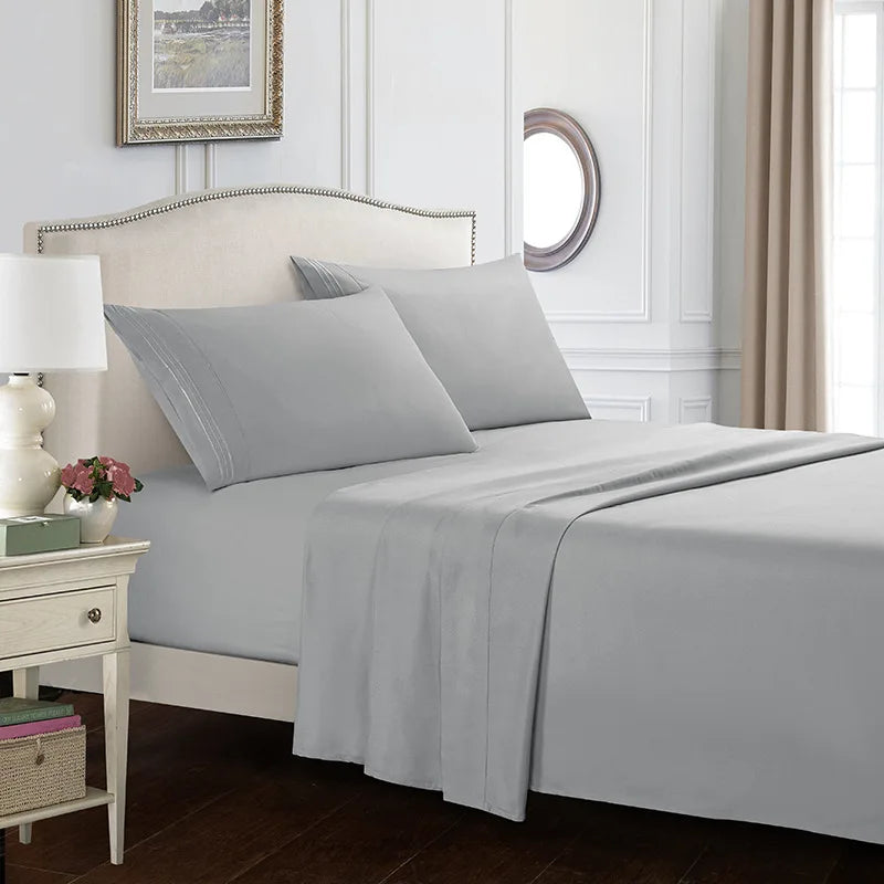 Battilo Double Bed Sheets 4 Pieces Set Fitted Sheet Flat Sheet with Pillowscase Luxury Cooling King Queen Full Size Bedding Set