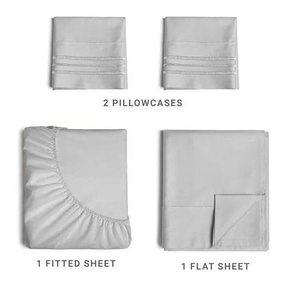 Battilo Double Bed Sheets 4 Pieces Set Fitted Sheet Flat Sheet with Pillowscase Luxury Cooling King Queen Full Size Bedding Set