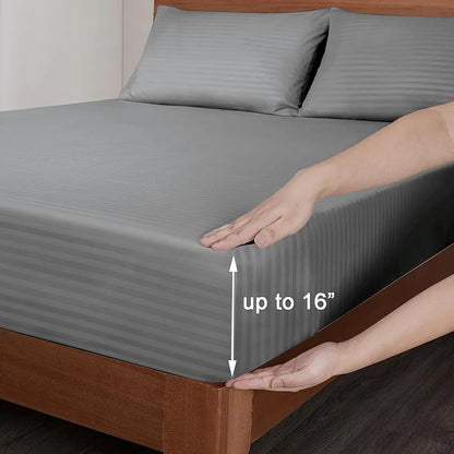 Battilo Bed Sheets 4 Pieces Set Cooling Fitted&Flat Sheet with Pillowcase Solid Stripe Bedding Set For Twin/Full/Queen/King Size