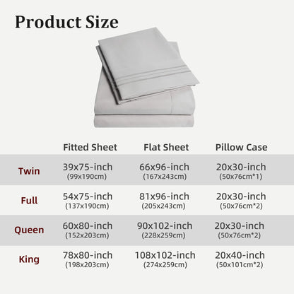 Battilo Double Bed Sheets 4 Pieces Set Fitted Sheet Flat Sheet with Pillowscase Luxury Cooling King Queen Full Size Bedding Set