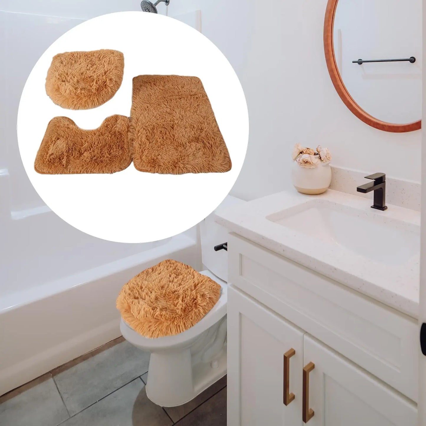 3x Absorbent Bath Rugs Set Toilet Lid Cover Bath Mat U Shape
