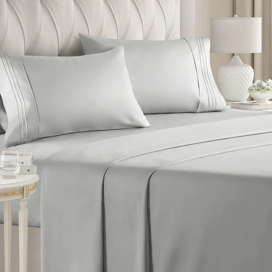 Battilo Double Bed Sheets 4 Pieces Set Fitted Sheet Flat Sheet with Pillowscase Luxury Cooling King Queen Full Size Bedding Set