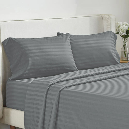 Battilo Bed Sheets 4 Pieces Set Cooling Fitted&Flat Sheet with Pillowcase Solid Stripe Bedding Set For Twin/Full/Queen/King Size